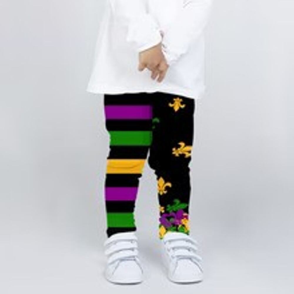 Youth Fleur de Lis and Stripes Mardi Gras Purple Green & Gold Spandex Leggings